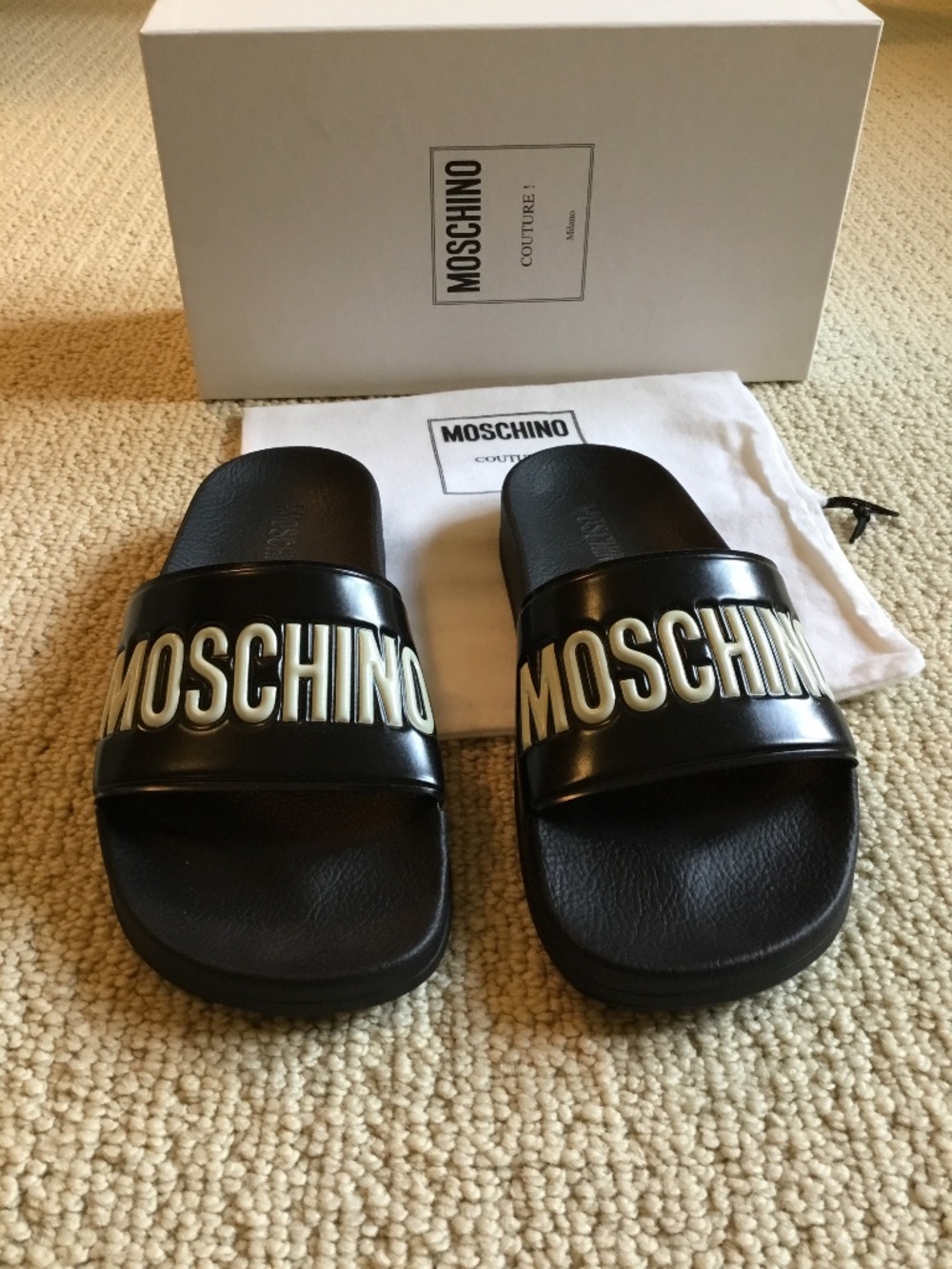 Moschino Couture! Black Logo Pool Slides
